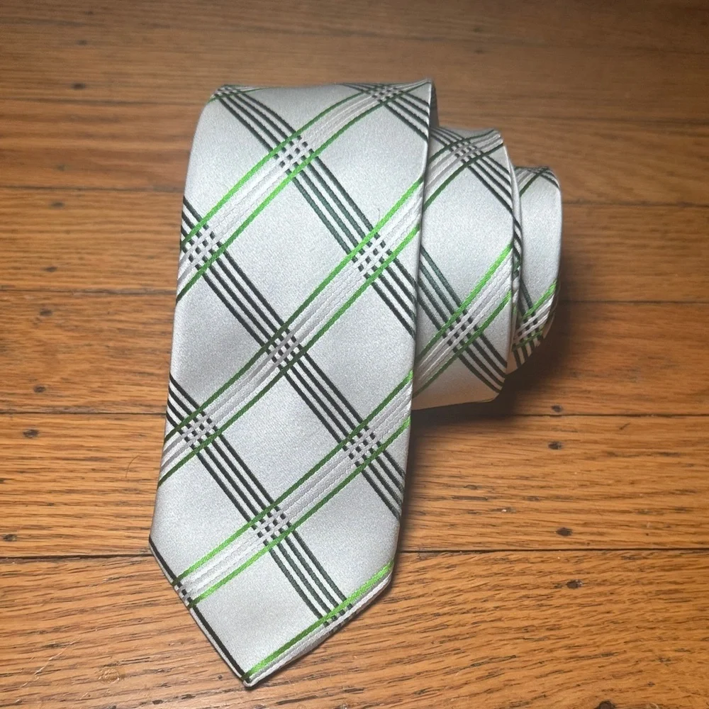 Express Silver and Green Checkered Silk Tie